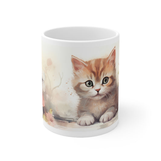 Cute Cat and Floral Design Ceramic Coffee Mug - 11oz & 15oz