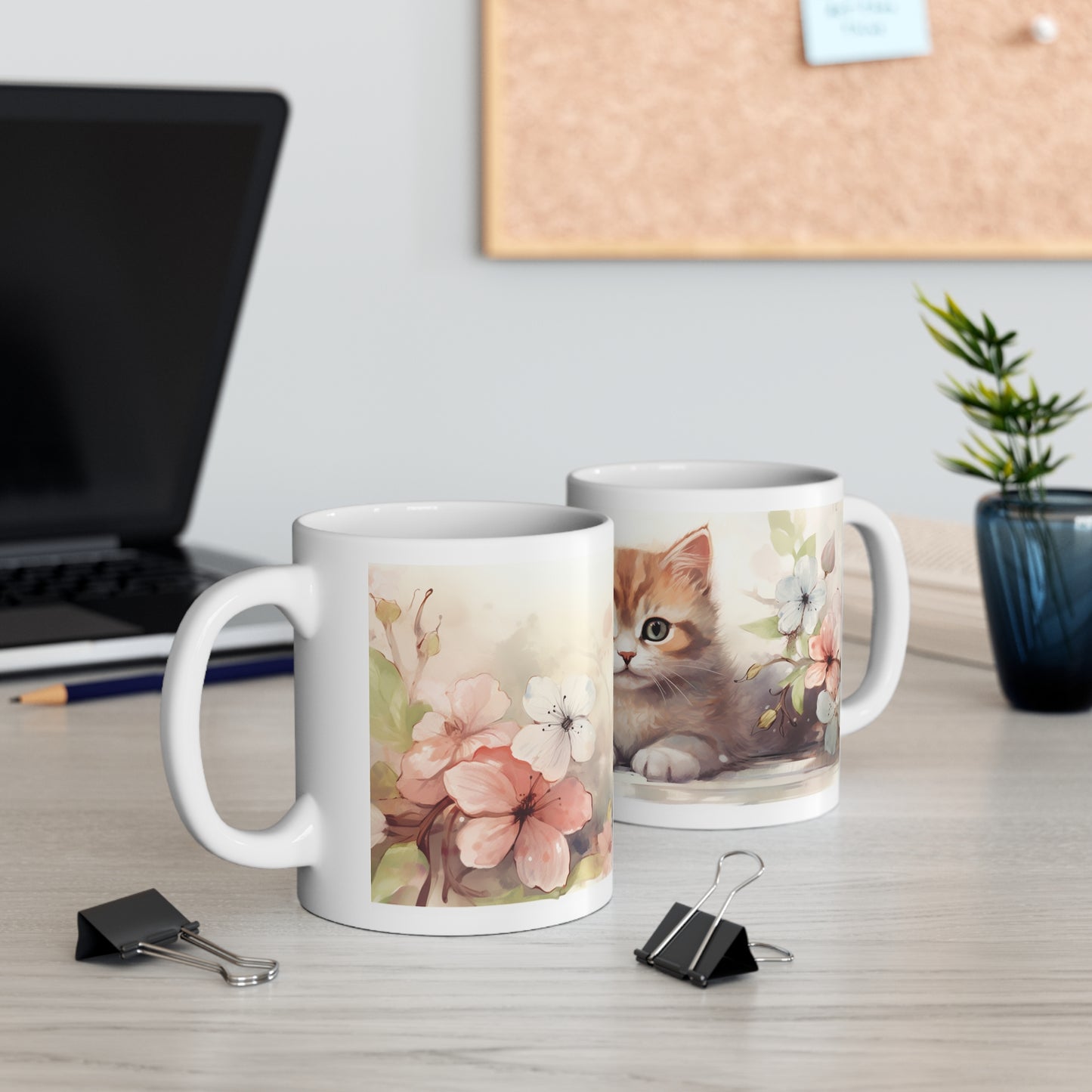 Cute Cat and Floral Design Ceramic Coffee Mug - 11oz & 15oz