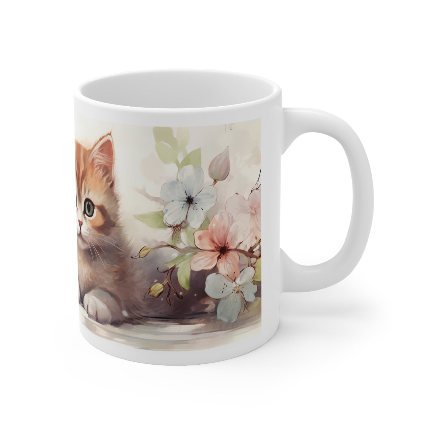 Cute Cat and Floral Design Ceramic Coffee Mug - 11oz & 15oz