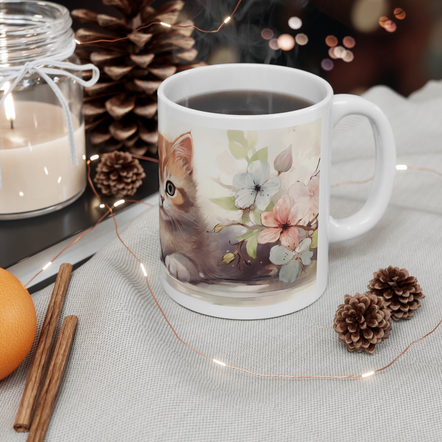 Cute Cat and Floral Design Ceramic Coffee Mug - 11oz & 15oz