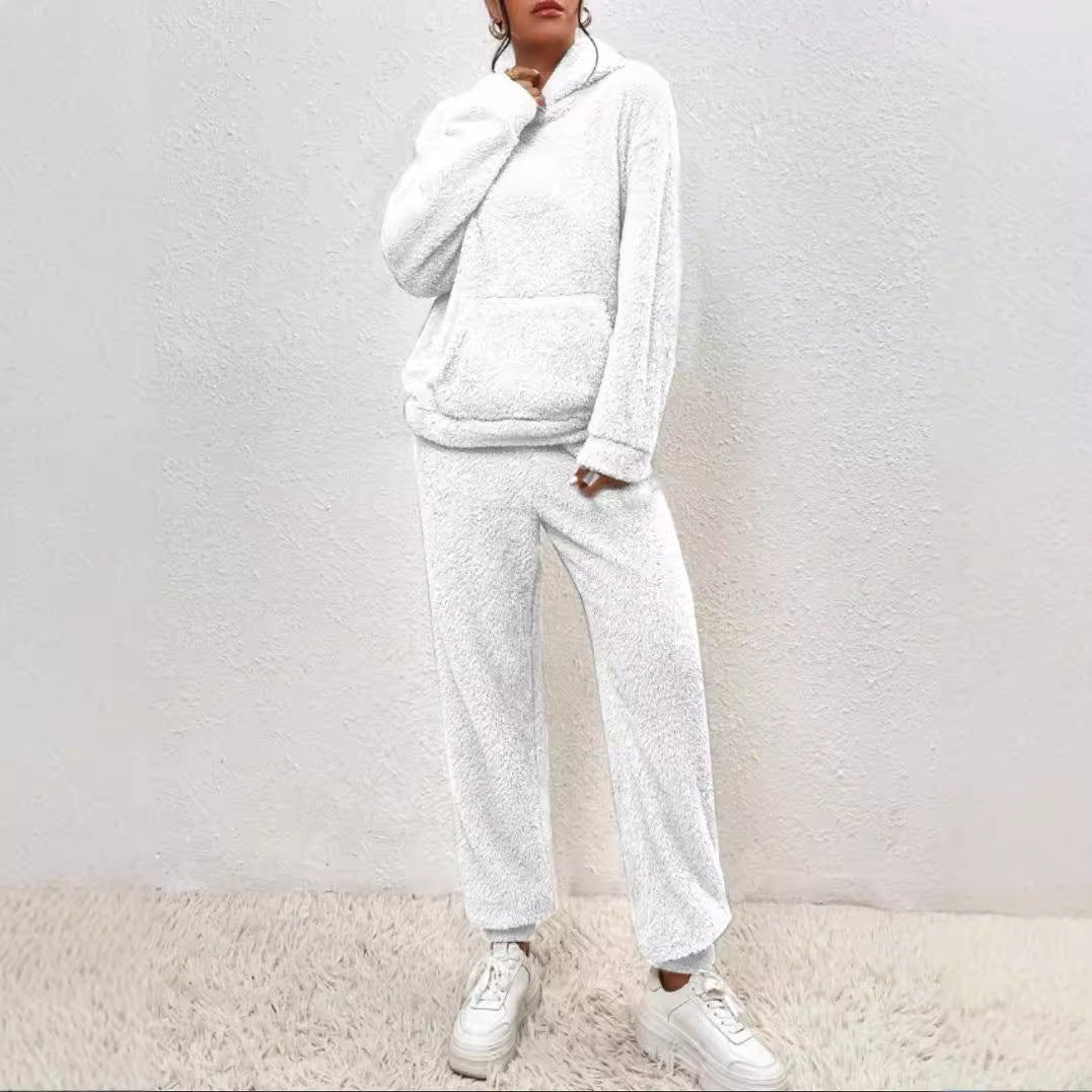 Women's Solid Color Plush Hooded Long Sleeve Trousers Suit